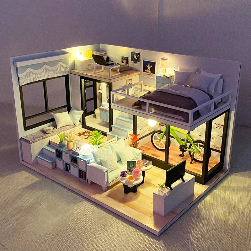 a model of a house with furniture and lights