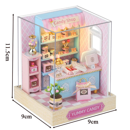 a pink and blue toy store with a pink checkered floor