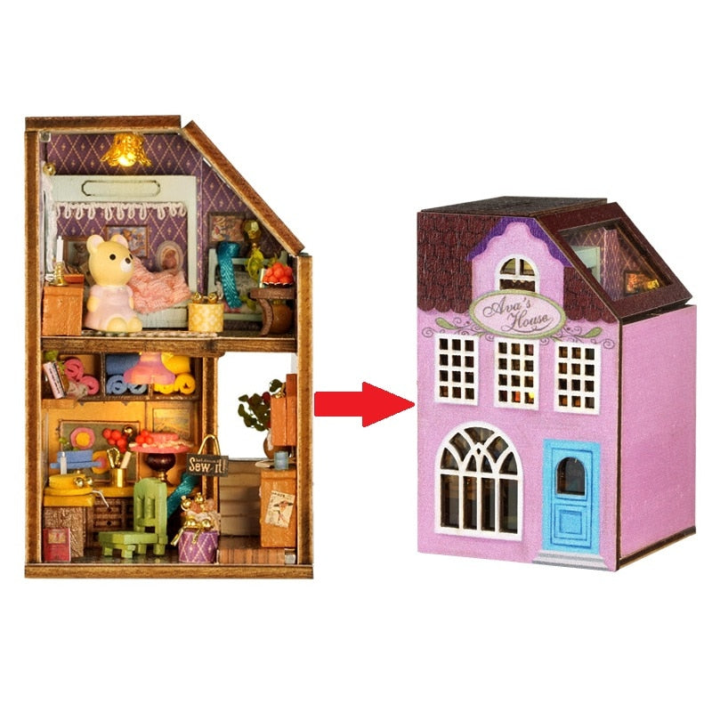 a doll house with a doll inside of it