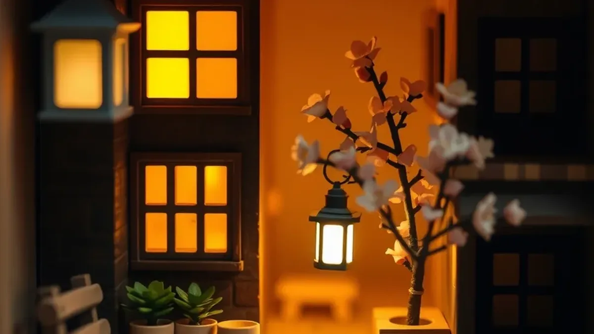 Miniature night street with glowing windows, a hanging lantern and a cherry blossom tree, built inside a narrow wooden box