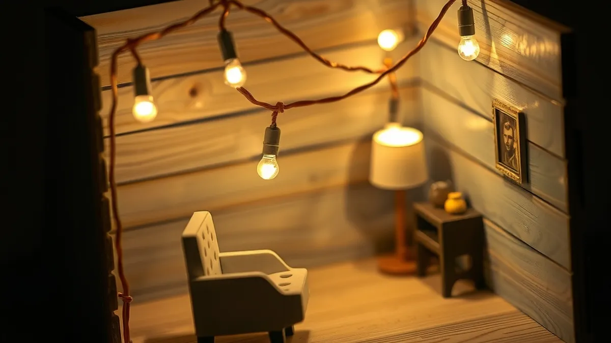 Tiny warm bulbs on thin wires lighting a miniature room with an armchair and lamp