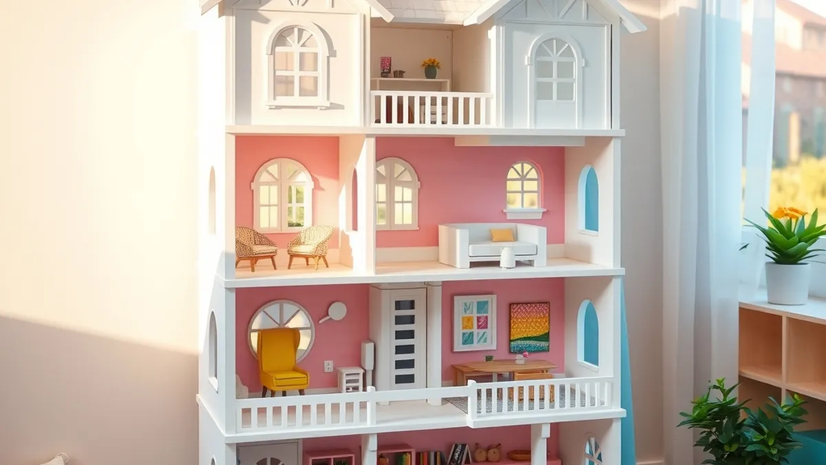 Tall white and pink wooden toy dollhouse mansion with furnished rooms in a bright playroom