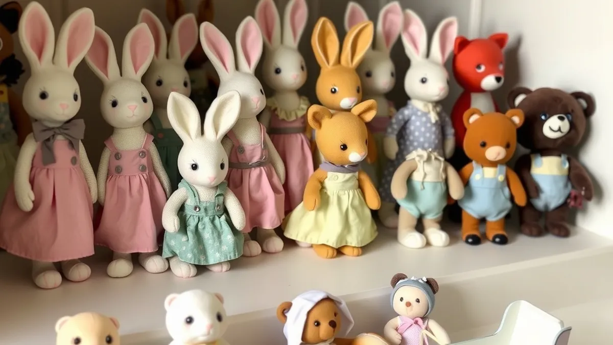 Rows of small flocked toy animal figures in fabric dresses and overalls on a white shelf