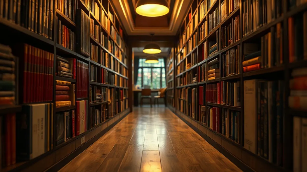 Lamp-lit library aisle lined with books, the kind of scene book nook kits recreate in miniature