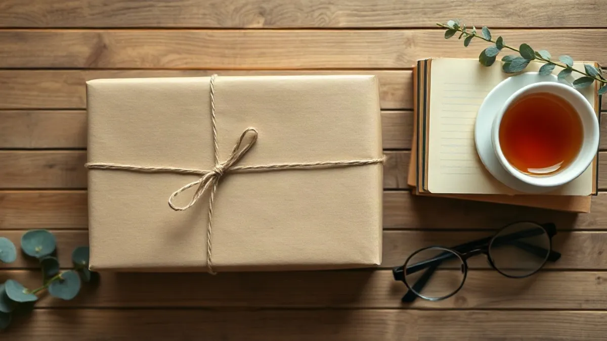 Kraft-paper wrapped gift with reading glasses, a cup of tea and notebooks on a wooden table