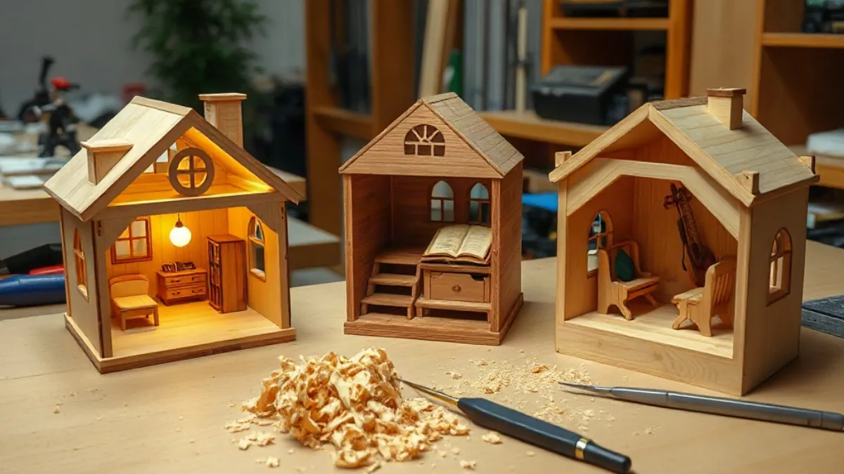 Finished laser-cut wooden models on a craft desk with wood shavings and tweezers
