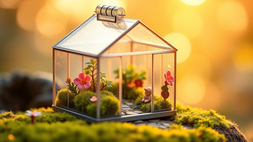 Miniature DIY greenhouse kit with tiny plants and glass panel details on a wooden shelf