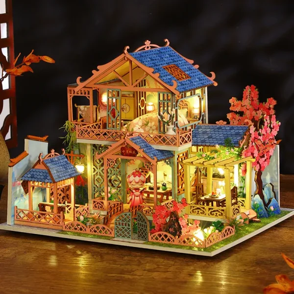 AjkJNEW DIY Wooden Doll Houses Peach Blossom Attic Casa Miniature Building Kits with Furniture Led Light - Dollhouse Australia