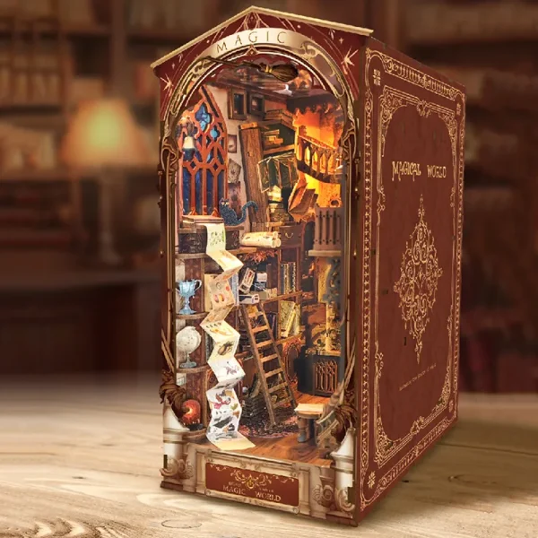 xWYPDIY Wooden Book Nook Shelf Insert Kit Miniature Building Kits Magic House Bookshelf with Light Bookends - Dollhouse Australia