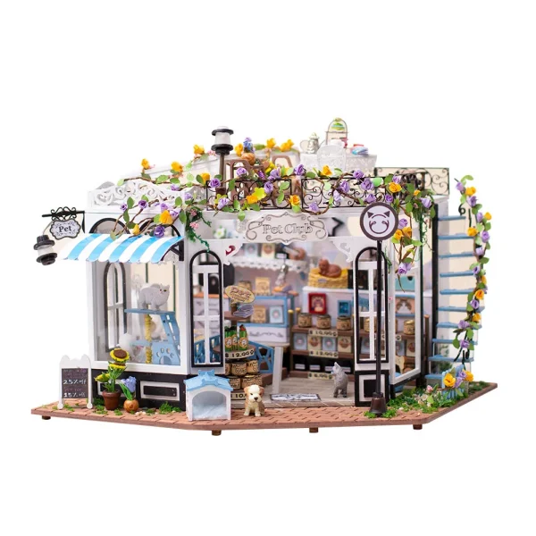 8KMMDIY Wooden Doll House Pet Shop Casa Miniature Building Kits Dollhouse With Furniture LED Light Villa - Dollhouse Australia