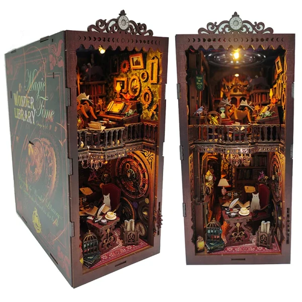 C8FVNew DIY Wooden Book Nook Shelf Insert Kits Miniature Magic Time World Bookends With Lights Bookshelf - Dollhouse Australia