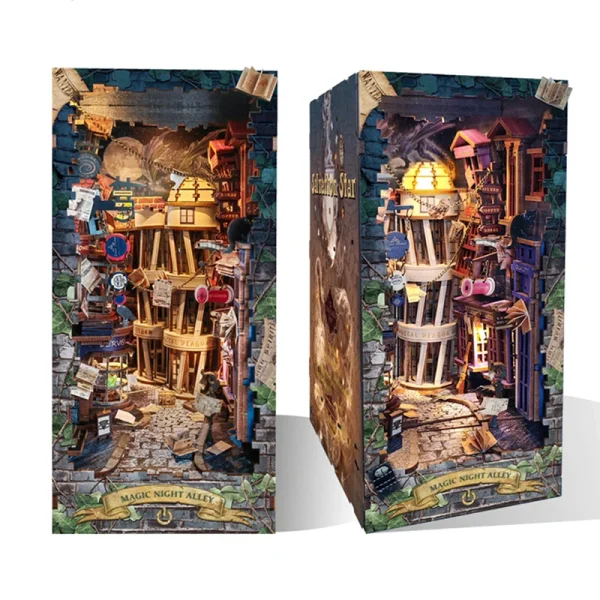 FtLeDIY Wooden Book Nook Shelf Insert Kit Miniature Building Kits Magic Night Alley Bookshelf with LED - Dollhouse Australia
