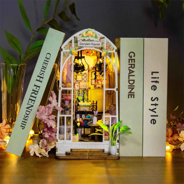 foBLDIY Wooden Book Nook Shelf Insert Miniature Building Kits Flower Garden Room Bookshelf with LED Lights - Dollhouse Australia