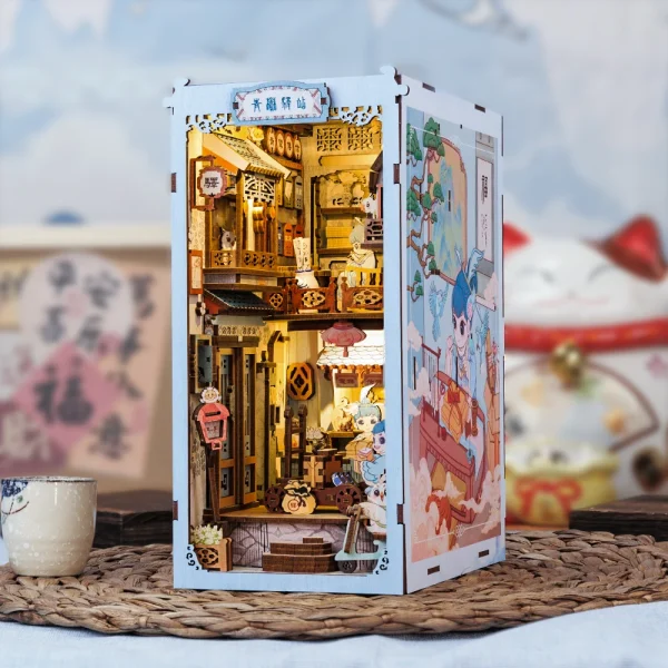oGuACUTEBEE DIY Book Nook Kit Miniature Doll House With Touch Light Dust Cover Bookshelf Insert Bookends - Dollhouse Australia